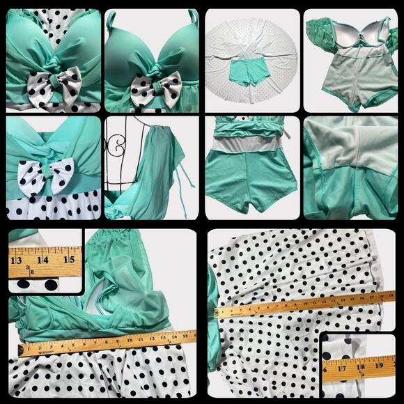Polka Dot One Piece Swim Dress Boy Shorts Size US 6 Turquoise Black White - Picture 11 of 11
